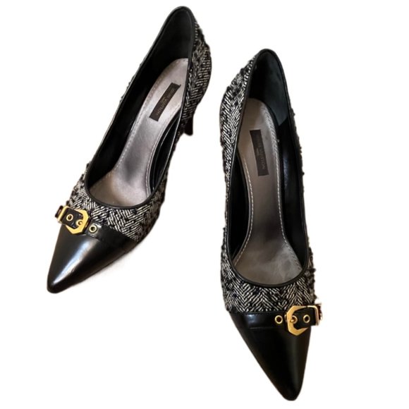 Louis Vuitton Black Leather Tweed Heels  Size 37.5 - Picture 1 of 13